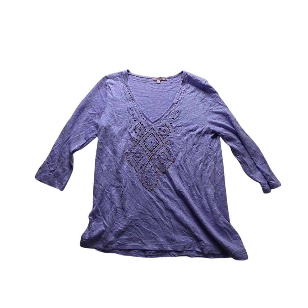 Calypso St. Barth Blouse Womens Small Purple V Neck 3/4 Sleeve Beaded Tunic Top